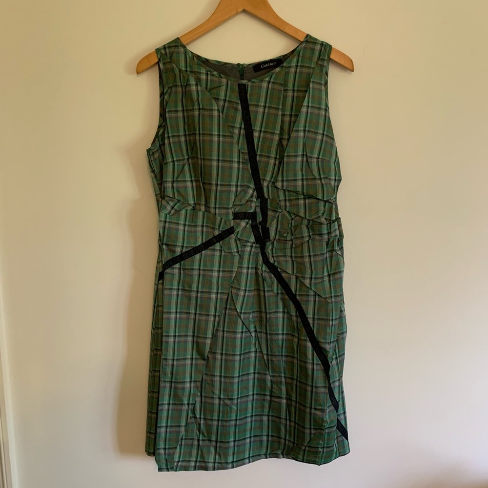 Cotélac Green Tartan Plaid Asymmetric Pleated Mini Dress